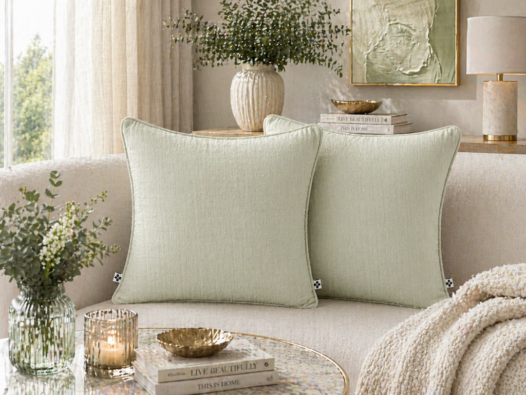 Lot de 2 coussins 45 x 45 cm gaze de coton Vert d'eau – Déhoussables zip – Passepoil