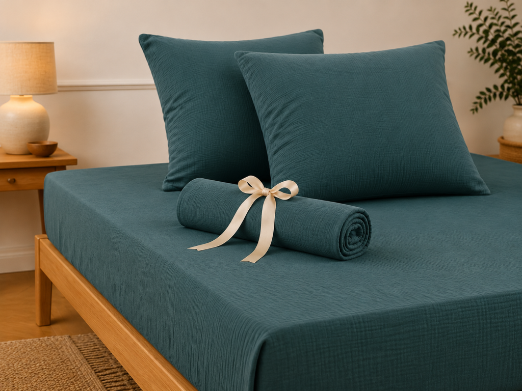 Pack Drap Housse 140 x 190 cm + 2 Taies d’Oreiller 60 x 60 cm Double Gaze de Coton GAÏA Bleu canard