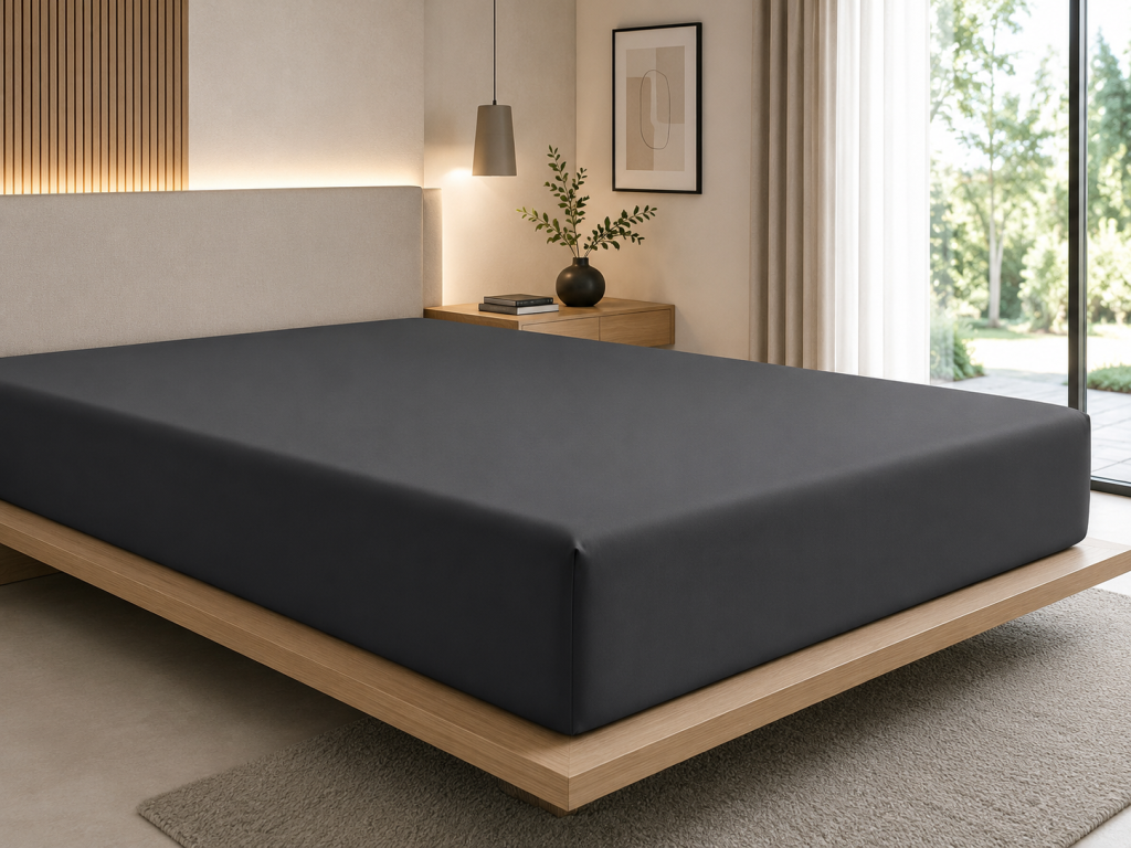 Drap-Housse 180 x 200 cm Prestige Graphite – Satin de Coton Peigné 120 fils/cm² – Bonnet 30 cm