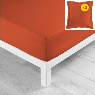 Pack drap housse 160x200 cm + 2 taies 63x63 coton 57 fils Paprika