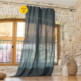 Lot de 2Rideau ajustable + 8 anneaux pince 140 x 270 cm lin lavé français luxe soline Ardoise
