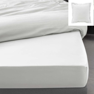 Drap housse qualité hotêl 160 x 200 cm + 2 taies en percale 78 fils Blanc