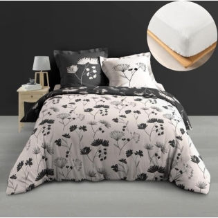 Ensemble Housse de Couette Iris 240 x 220 cm + 2 Taies en Percale de Coton 78 Fils avec Drap Housse Blanc 140