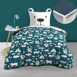 Pack housse de couette enfant 140 x 200 cm Igloo + drap housse 90 x 190 Bleu
