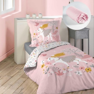 Pack parure de couette enfant 140x200 cm Fée des bois + drap housse 90x190 Rose