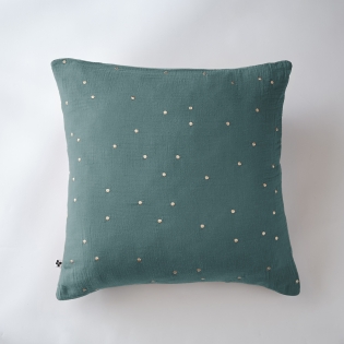 Taie d'oreiller gaze de coton brodée fil or 60 x 60 cm Gaia Chic Bleu canard