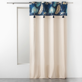  Rideau à œillets 140 x 240 cm – Coton imprimé doré et pompons – PRUSSEOR Bleu