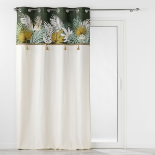  Rideau À Œillets 140 x 240 cm Coton Uni + Top Imprimé Tropical & Pompons – Tropilia Kaki