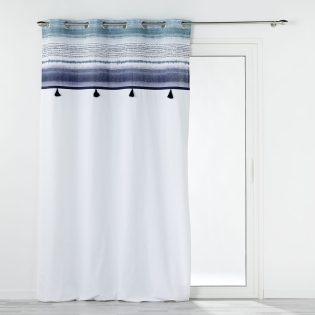  Rideau À Œillets 140 x 240 cm Coton Uni + Top Imprimé Bleu & Pompons – Mikonos Bleu