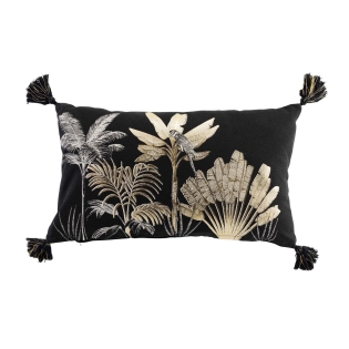 Coussin déhoussable 30 x 50 cm – Coton imprimé métallisé avec pompons – Karaba