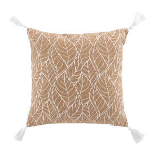 Coussin déhoussable avec pompons – 40 x 40 cm – Jute imprimé Kalinda Blanc