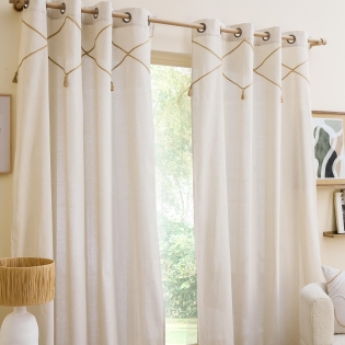 Lot de 2 Rideaux à Œillets Lacia - 140 x 240 cm - Polycoton Uni avec Détails en Jute et Pompons