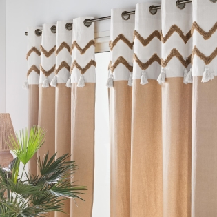  Lot de 2 Rideaux à œillets 140 x 240 cm – Coton avec bandeau tufté et pompons Azari