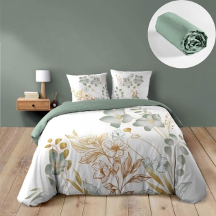 Pack Parure de lit 240 x 220 cm – Coton 42 fils – LOLITA + Drap Housse 140x190 cm Sauge