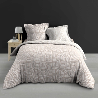 Parure de lit 240x220 cm + 2 taies – Percale 78 fils – ELIOT – Motif beige sur fond blanc