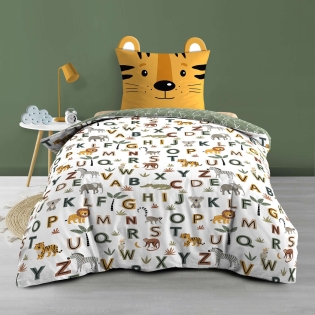  Parure de lit enfant TIGRY 140x200 cm – 100% coton – 1 taie tête de tigre – Réversible alphabet & jungle