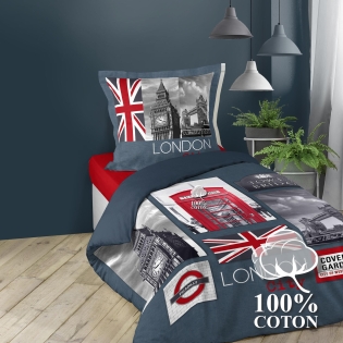 Housse de couette enfant 140 x 200 cm coton + 1 taie Londres Big ben