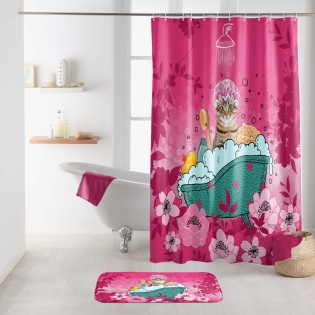 RIDEAU DE DOUCHE AVEC CROCHETS 180 x 200 CM POLYES. IMP. CHATIBULLE DES. PLACE
