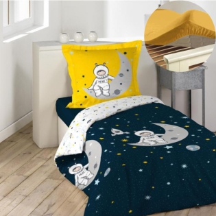 Pack parure de couette enfant 140x200 cm Astronaute + drap housse 90x190 Jaune