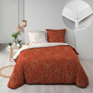 Pack parure de couette 240 x 220 cm Belflore brique + drap housse 140 x 190 x 30 Blanc