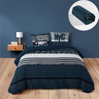 Ensemble de Lit States : Housse de Couette 240 x 220 cm avec Drap-Housse Bleu 140x190 cm - Esprit USA