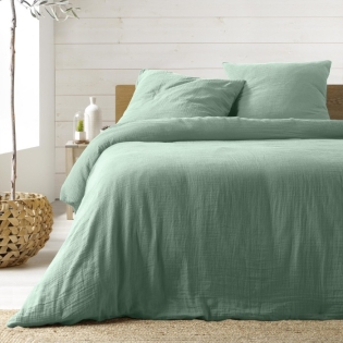 Parure de lit 240 x 220 cm double gaze coton uni 57 fils Angelia Sauge