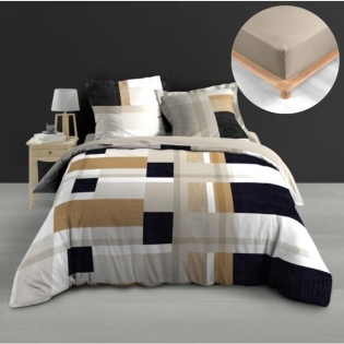 Pack Housse de Couette 240 x 220 cm en Percale +Drap Housse Beige140x190 Ulysse