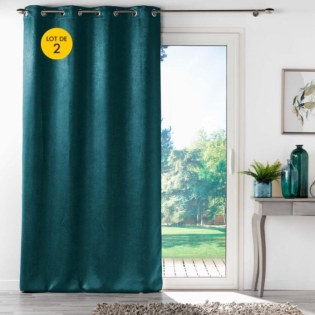 Lot de 2 rideaux 100% occultant 135 x 240 cm velours frappé Anthéa Pétrole