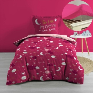 Pack Housse de couette enfant Phosphorescente 140 x 200 cm  Moonlight Rose + Drap housse 90x190 Rose