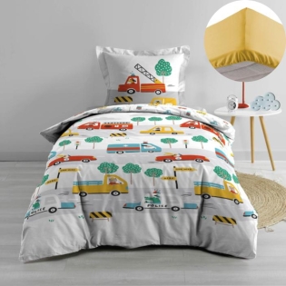 Pack parure de couette enfant 140x200 cm Voiture + drap housse 90 x 190 x 30 Jaune