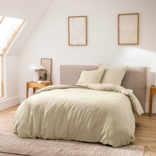 Parure de lit 3 pièces 240 x 220 cm en fils teints lavés unis – Meline Sable (60 fils)