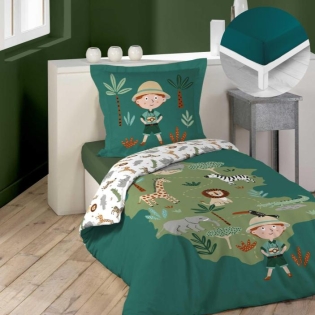 Pack parure de couette enfant 140x200 cm Leo + drap housse 90x190 Pétrole