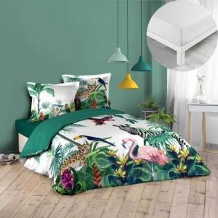 Pack parure de couette Exotica 240 x 220 cm + drap housse 140 x 190 x 30 cm Blanc