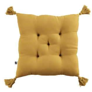 Assise matelassée 5 points avec pompons gaze de coton 40 x 40 cm safran Jaune