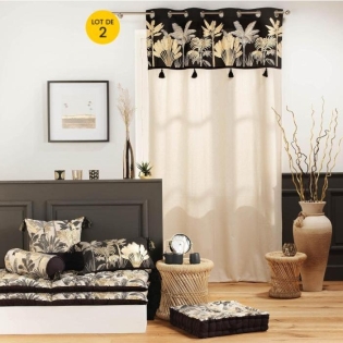 Lot de 2 rideaux Karaba - 140 x 240 cm, Coton Uni avec Top Imprimé et Pompons