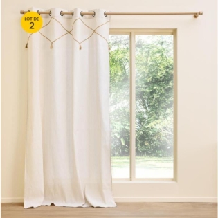 Lot de 2 Rideaux à Œillets Lacia - 140 x 240 cm - Polycoton Uni avec Détails en Jute et Pompons