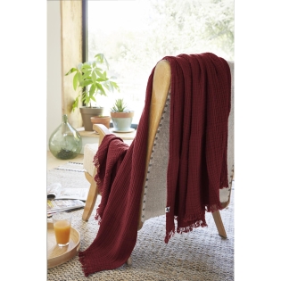 Plaid à franges en gaze de coton 130 x 160 cm Gaia Bordeaux