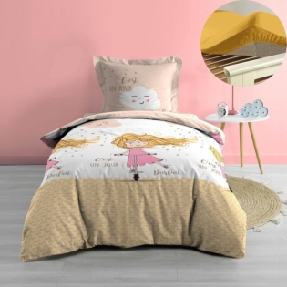 Pack parure de couette enfant Trotti 140 x 200 cm + drap housse 90 x 190 x 30 Jaune