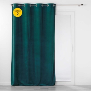 Lot de 2 Rideaux tamisant à oeillets 140 x 260 cm velours relief Velouriane Emeraude