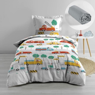 Pack parure de couette enfant 140x200 cm Voiture + drap housse 90 x 190 x 30 Gris