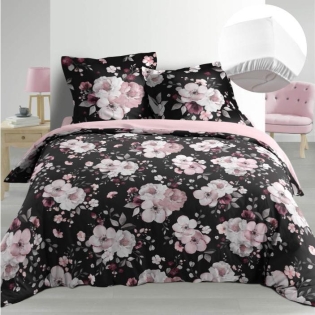 Pack Housse de couette 220x240 cm Percale luxe Flower blanc + drap housse 140x190 Blanc