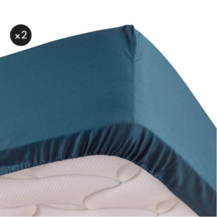 Lot de 2 Draps housse bleu 160 x 200 cm en percale bonnet de 30 cm
