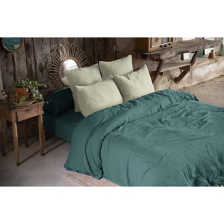 Housse de couette double gaze de coton 240x220 cm 4 taies Bleu/Vert