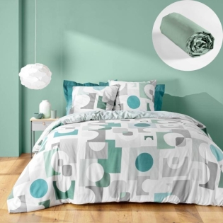 Parure de Lit Geomelo 240 x 220 cm + Drap-Housse 140x190 cm Sauge