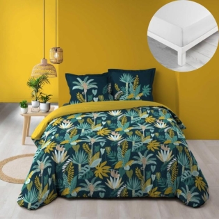 Pack parure de couette 260 x 240 cm Guinea vert + drap housse 160 x 200 x 30 cm Blanc