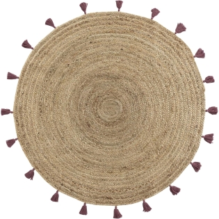 Tapis rond Ø120 cm – Jute naturel avec pompons bordeaux – Modèle Shira