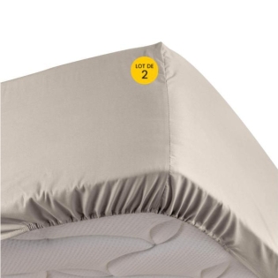Lot de 2 Draps housse couleur lin 140 x 190 cm en percale bonnet 30 cm