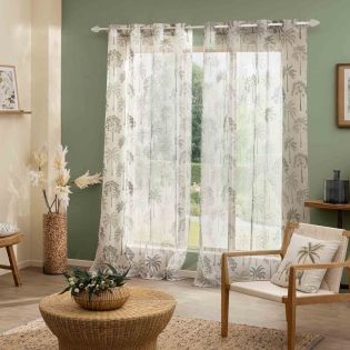 Lot de 2 Voilages à Œillets 140 x 240 cm - Voile Sablé Imprimé Palmea Vert