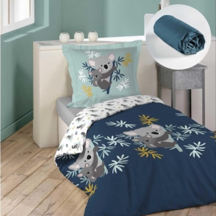 Pack parure de couette enfant 140x200 cm Koala + drap housse 90x190 Bleu