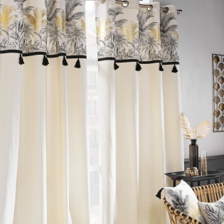 Lot de 2 Rideaux a oeillets 140 x 240 cm  polycoton + pompons  Papaya